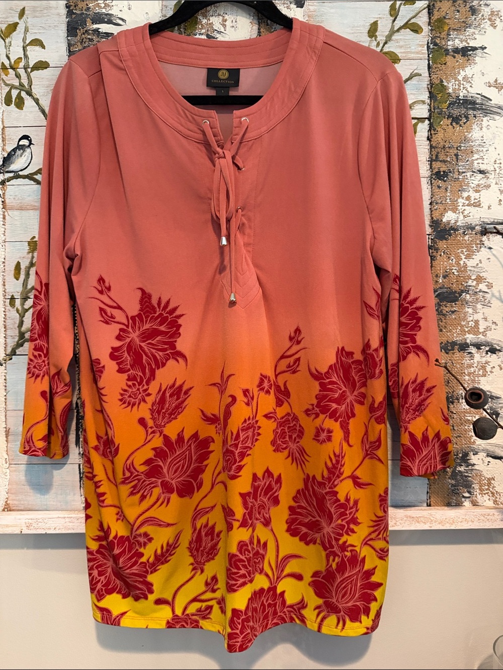 JM Collection Coral to Yellow Ombre Lace-Up Floral Tunic